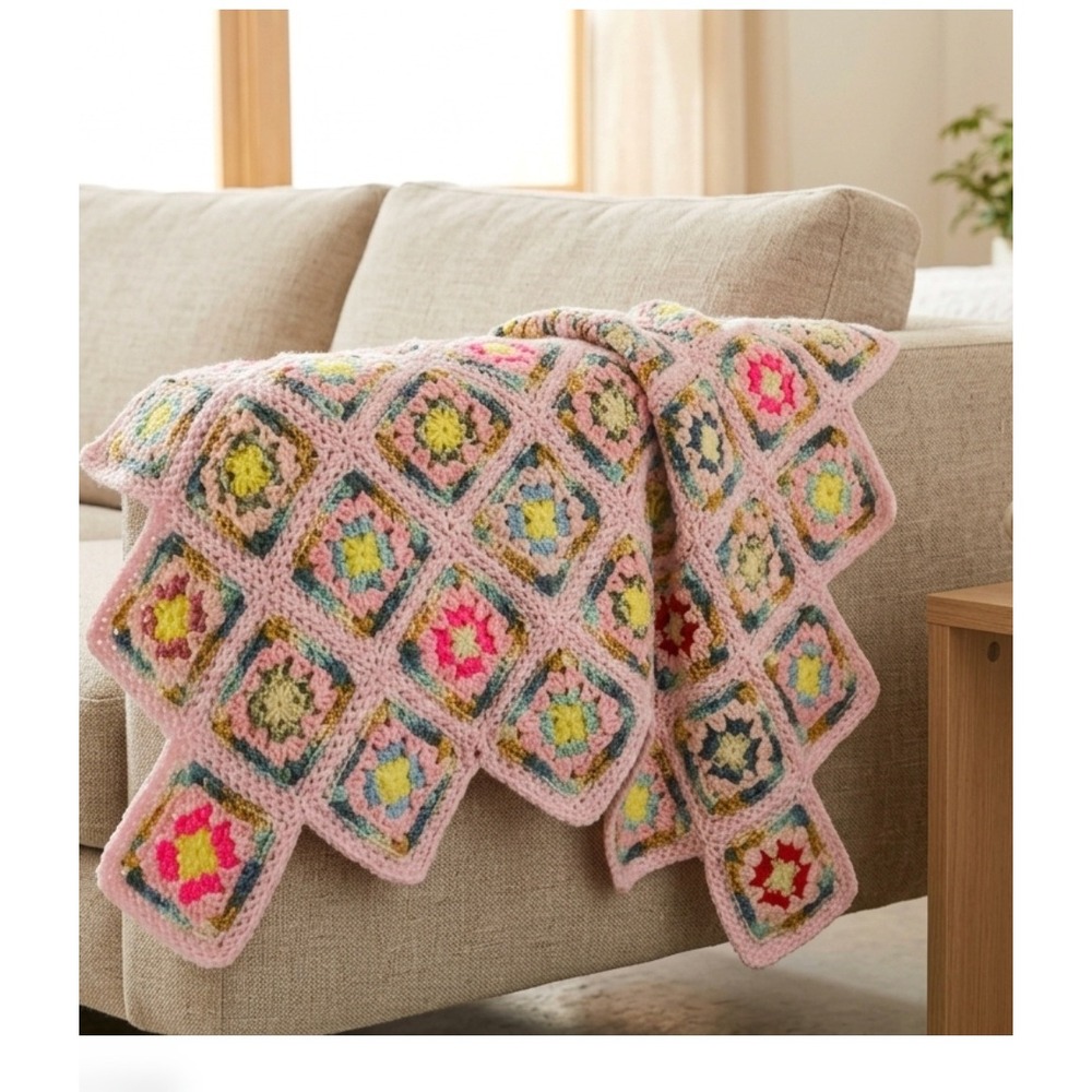 Handmade Crochet Granny Square Throw Blanket Pink Multi Color Boho Cottagecore